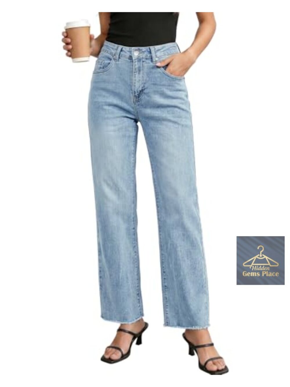 High Waisted Straight Leg Jeans Frayed Raw Hem Stretchy Denim Pants